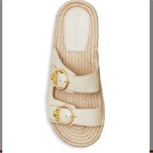 Tory Burch Selby Two Band Espadrille Leather Sandal Oat Milk Sz 9.5